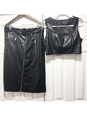 7 For All Mankind Faux Leather Skirt Crop Top Black Biker 2 pc Set Size Large